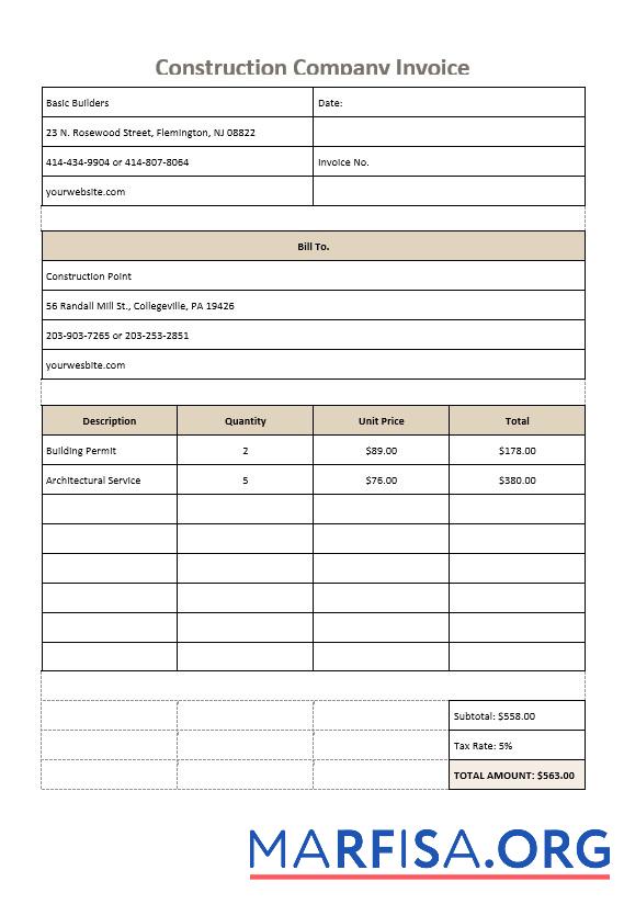 Printable Construction Company Invoice Template